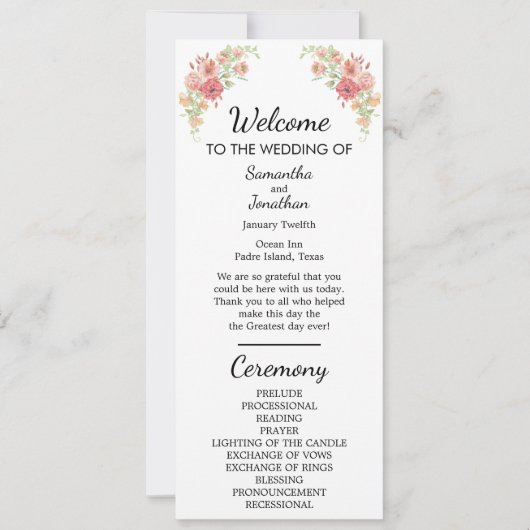 White Boho Watercolor Blume Hochzeitsprogrammkarte Einladung (Vorderseite)