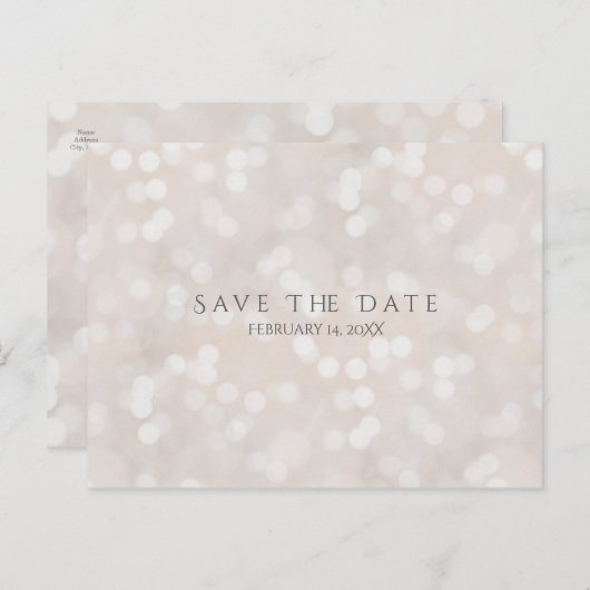 White Bokeh Moderner Glamour Chic Save the Date Ankündigungspostkarte (Vorne/Hinten)
