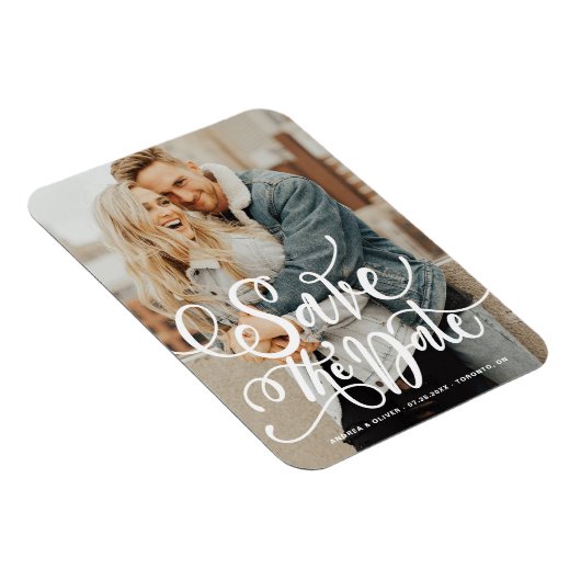 White Bold Modern Calligraphy Save the Date Magnet (Rechte Seite)