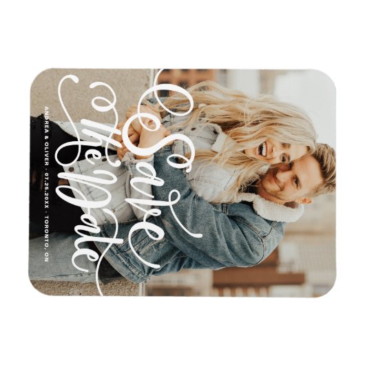 White Bold Modern Calligraphy Save the Date Magnet (Horizontal)