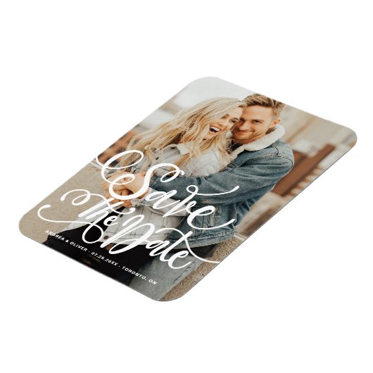 White Bold Modern Calligraphy Save the Date Magnet (Linke Seite)