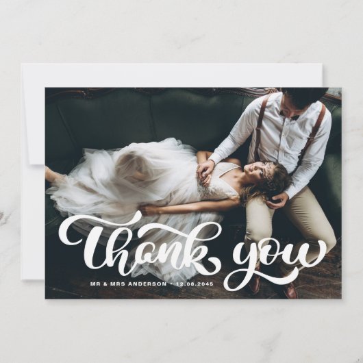 White Bold Retro Script Foto Wedding Dankeskarte (Vorderseite)