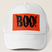 White BOO! Trucker Hat in Orange and Black design. Truckerkappe (Vorderseite)