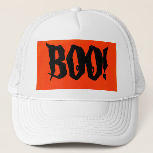 White BOO! Trucker Hat in Orange and Black design. Truckerkappe