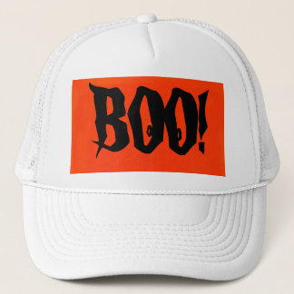 White BOO! Trucker Hat in Orange and Black design. Truckerkappe