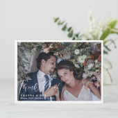 White Border Calligraphy Overlay Wedding Foto Dankeskarte (Stehend Vorderseite)