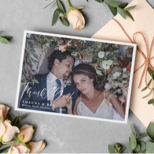 White Border Calligraphy Overlay Wedding Foto Dankeskarte