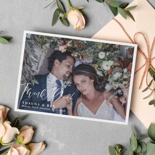 White Border Calligraphy Overlay Wedding Foto Dankeskarte