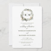 White Botanical Monogram Wedding Einladung (Vorderseite)
