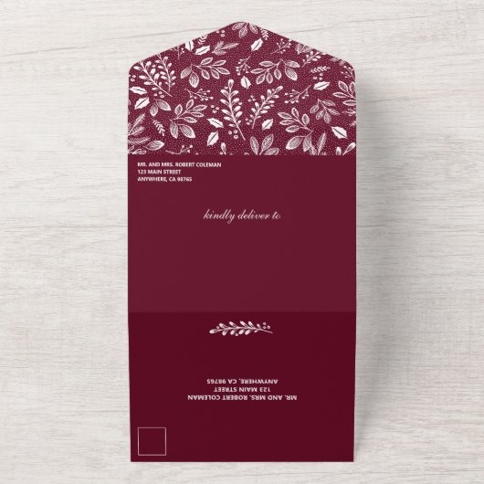 White Botanicals Burgundy No Envelopding Hochzeit All In One Einladung (Außenbereich)