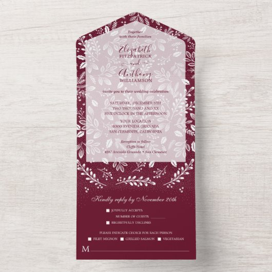White Botanicals Burgundy No Envelopding Hochzeit All In One Einladung (Innen Boden)