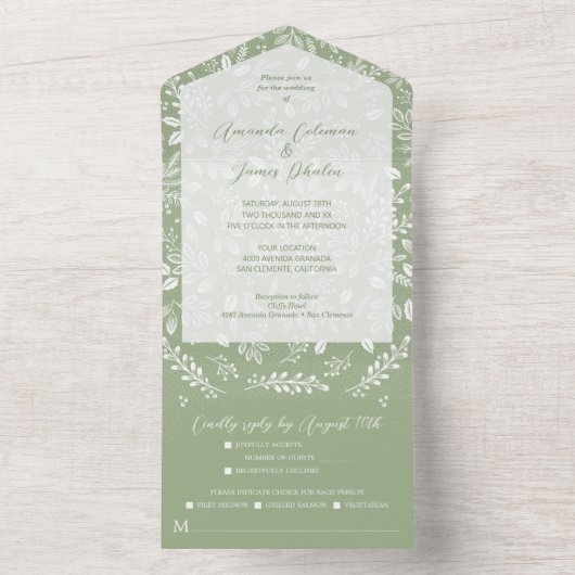 White Botanicals Sage Green No Envelopding Hochzei All In One Einladung (Innen Boden)