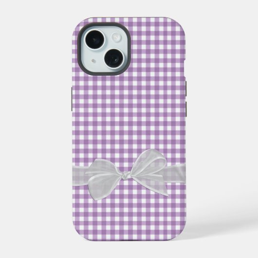 White Bow auf Lila Gingham iPhone 15 Hülle (Rückseite)