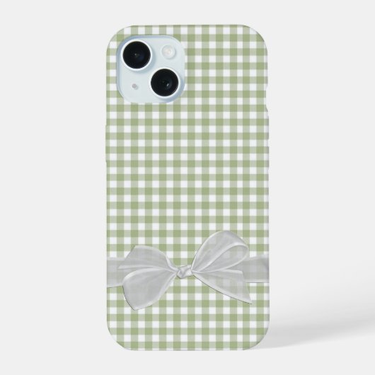 White Bow auf Sage Green Gingham iPhone 15 Hülle (Rückseite)