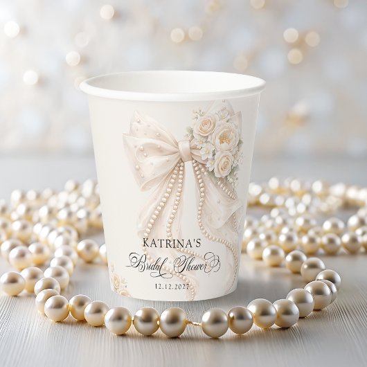 White Bow Floral Bridal Shower Pappbecher