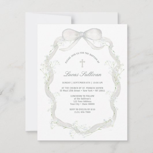 White Bow Gipskraut Taufe Einladung (Vorderseite)