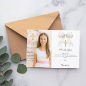 White bow photo pearls girl Confirmation Dankeskarte