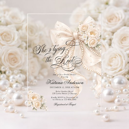 White Bow She's Tying the Knot Bridal Shower Acryleinladungen