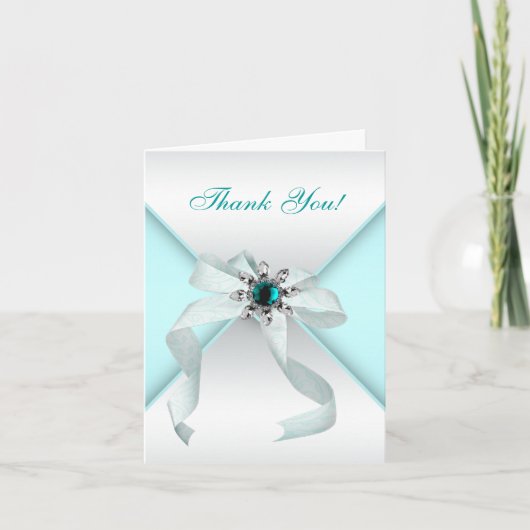 White Bow Teal Blue Thank You Cards Dankeskarte (Vorderseite)