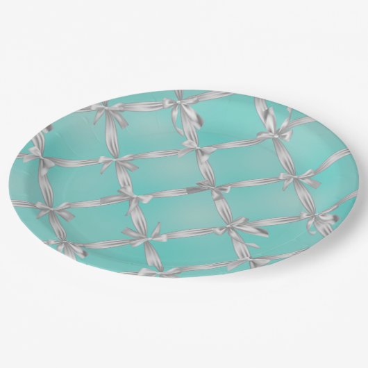 White Bows Türkis Robin's Egg Blue Brautparty Pappteller (Schrägansicht)