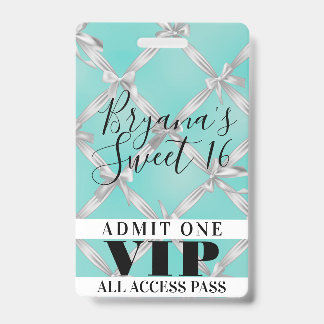 White Bows Türkis Sweet 16 Party VIP Pass Abzeiche Ausweis