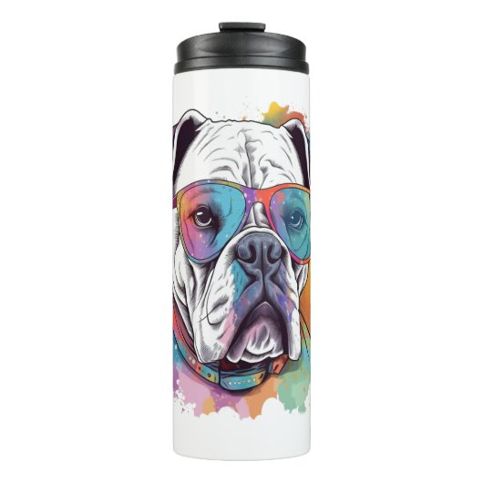 White Boxer Dog Pop Art mit Sonnenbrille Thermosbecher (Vorderseite)