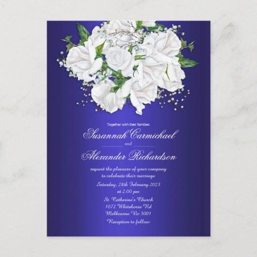 White Bridal Rose auf Dark Blue Wedite Einladung Postkarte (Vorderseite)