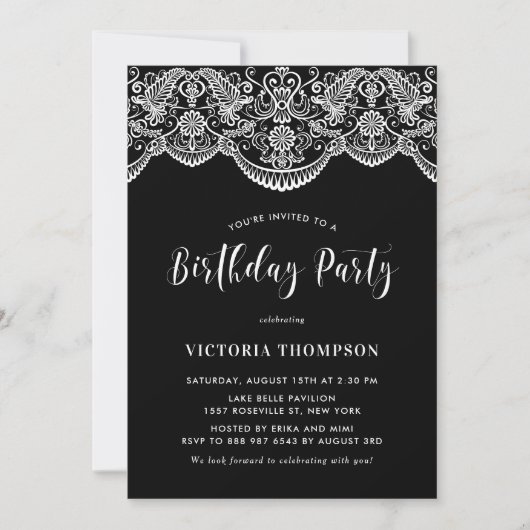 White Brocade Lace Black Birthday Party Einladung (Vorderseite)