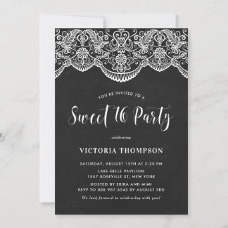 White Brocade Lace Chalkboard Sweet 16 Party Einladung