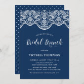 White Brocade Lace Navy Blue Bridal Brunch Einladung (Vorne/Hinten)