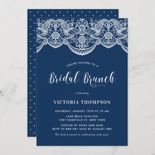 White Brocade Lace Navy Blue Bridal Brunch Einladung (Vorne/Hinten)