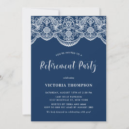 White Brocade Lace Navy Blue Retirement Party Einladung