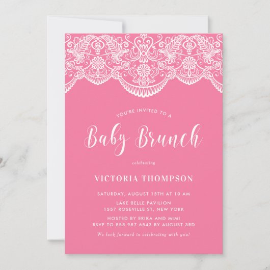 White Brocade Lace Pink Baby Brunch Einladung (Vorderseite)