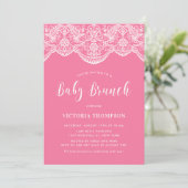 White Brocade Lace Pink Baby Brunch Einladung (Stehend Vorderseite)