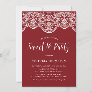 White Brocade Lace Red Sweet 16 Party Einladung