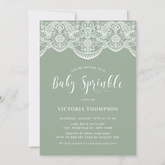 White Brocade Lace Sage Green Baby Sprinkle Einladung (Vorderseite)