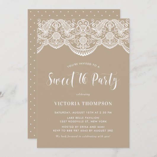 White Brocade Lace Taupe Sweet 16 Party Einladung (Vorne/Hinten)