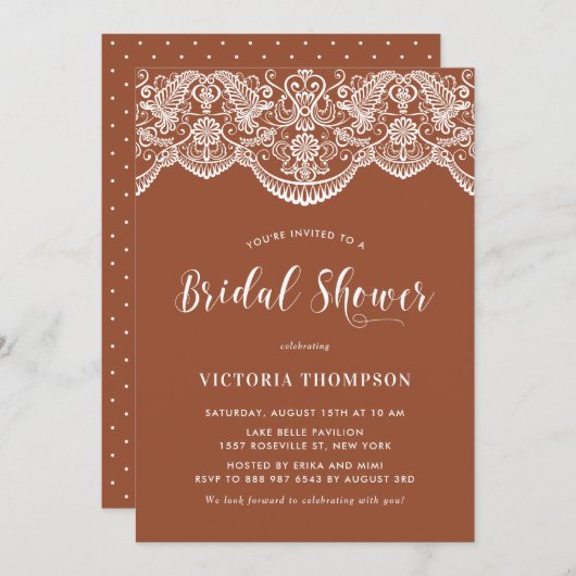 White Brocade Lace Terracotta Brautparty Einladung (Vorne/Hinten)