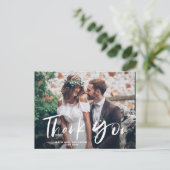 White Brush Hand Lettered Foto Wedding Danke Postkarte (Stehend Vorderseite)