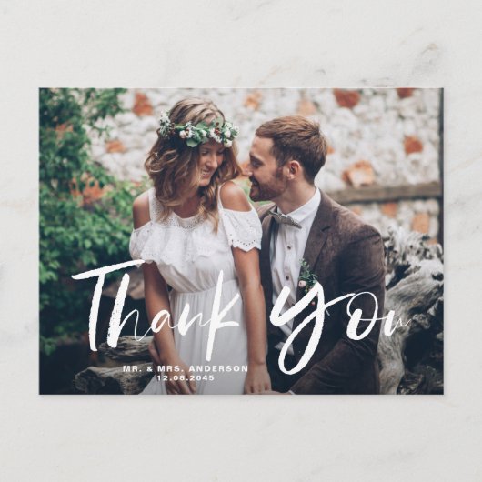 White Brush Hand Lettered Foto Wedding Danke Postkarte (Vorderseite)
