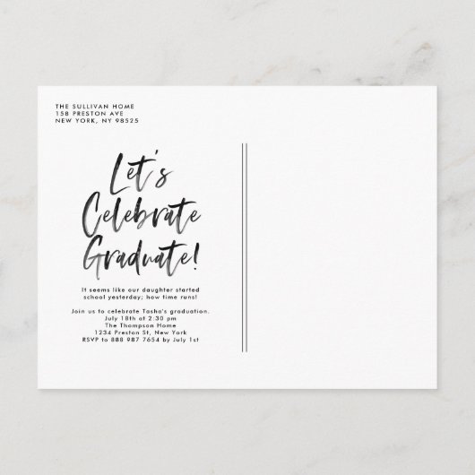 White Brush Letters Foto Abschluss Ankündigungspostkarte (Rückseite)