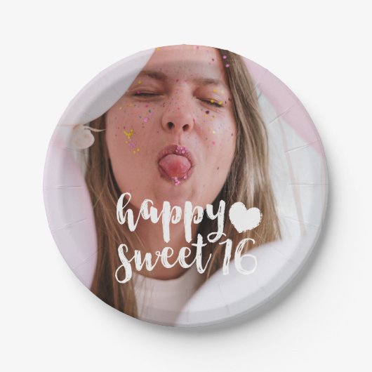 White Brush Script Happy Sweet 16 Foto Pappteller (Vorderseite)