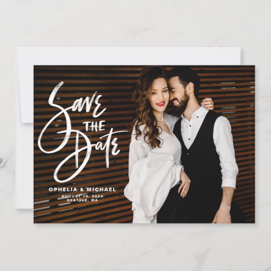 White Brush Script Letters Foto Save The Date (Vorderseite)