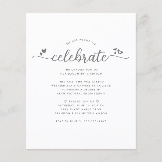 White Budget Foto Abschluss Graue Schrift Einladun (Rückseite)