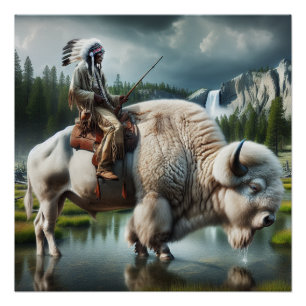 White Buffalo Yellowstone Park mit indischer Kunst Poster