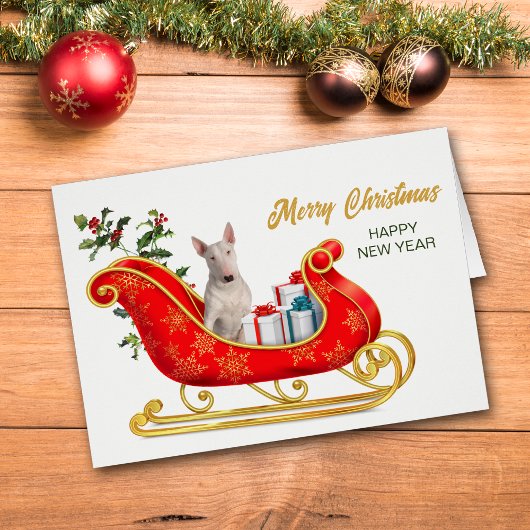 White Bull Terrier Dog Christmas Sleigh Card