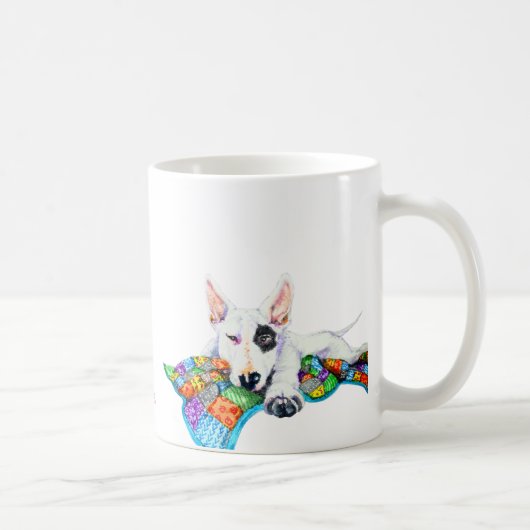 White Bullterer on Patchwork Blanket - Kunst Kaffeetasse (Rechts)