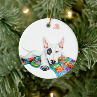 White Bullterer on Patchwork - Kunst Keramik Ornament