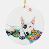 White Bullterer on Patchwork - Kunst Keramik Ornament (Vorne)