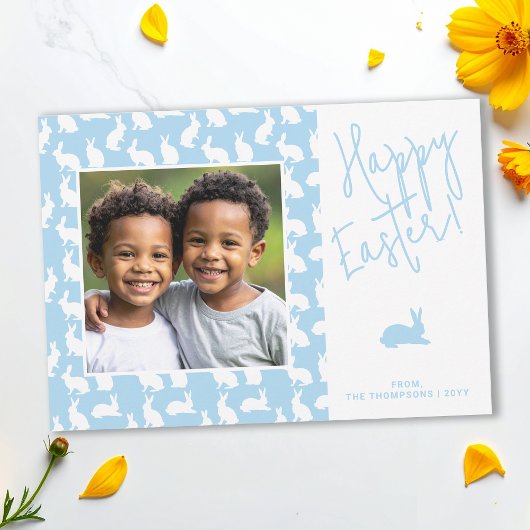 White Bunnies On Blue With Custom Photo Easter Karte